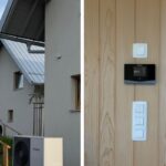 Tepelné čerpadlo pred novým rodinným domom a detail na digitálne ovládanie na drevenú stenu.