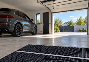 Garáž s čiernou podlahovou fóliou, sivým osobným automobilom a otvorenou garážovou bránou.